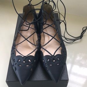 New j.crew navy leather eyelet lace-up flats sz 8